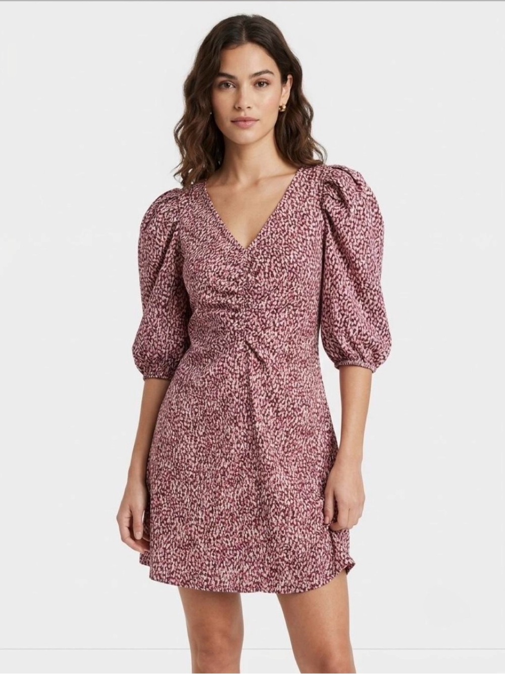 Women's Rose with Speckled Patters Puff-Sleeve V-Neck Mini Dress